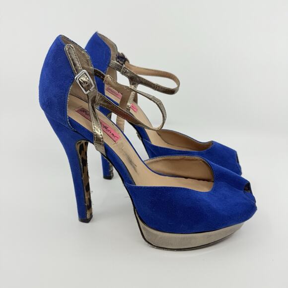 Betsey Johnson Sabine Blue Suede Heels Leopard Sole Size 7.5 Peep Toe Platform - Picture 3 of 9